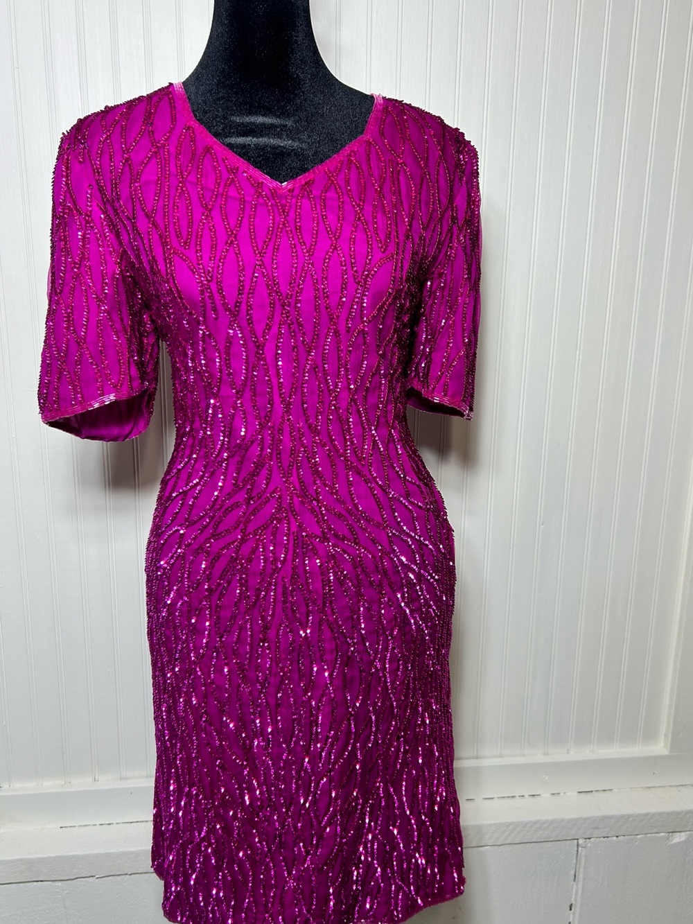 Vintage Women's Fuchsia HOT PINK Sequin Dress SPARKLE S
